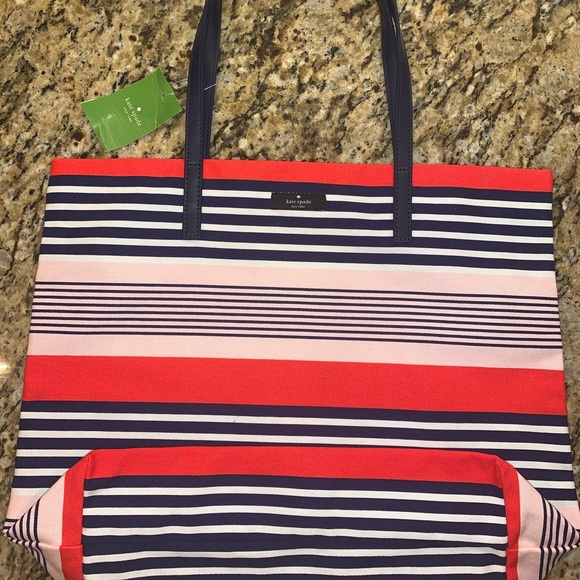 NWT Kate spade stripe canvas tote bon shopper bag - Picture 2 of 9
